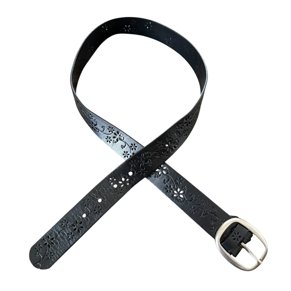 Black Genuine Leather Floral Perforated Boho‎ Belt Silver Buckle Medium Western